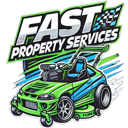 Illustration of a green sports car resembling a lawnmower zooming through Lakeland, with shiny details and exhaust pipes. "FAST PROPERTY SERVICES" is emblazoned above, featuring a stylized finish line flag element. The design is vibrant and dynamic, capturing the essence of fast lawn care.